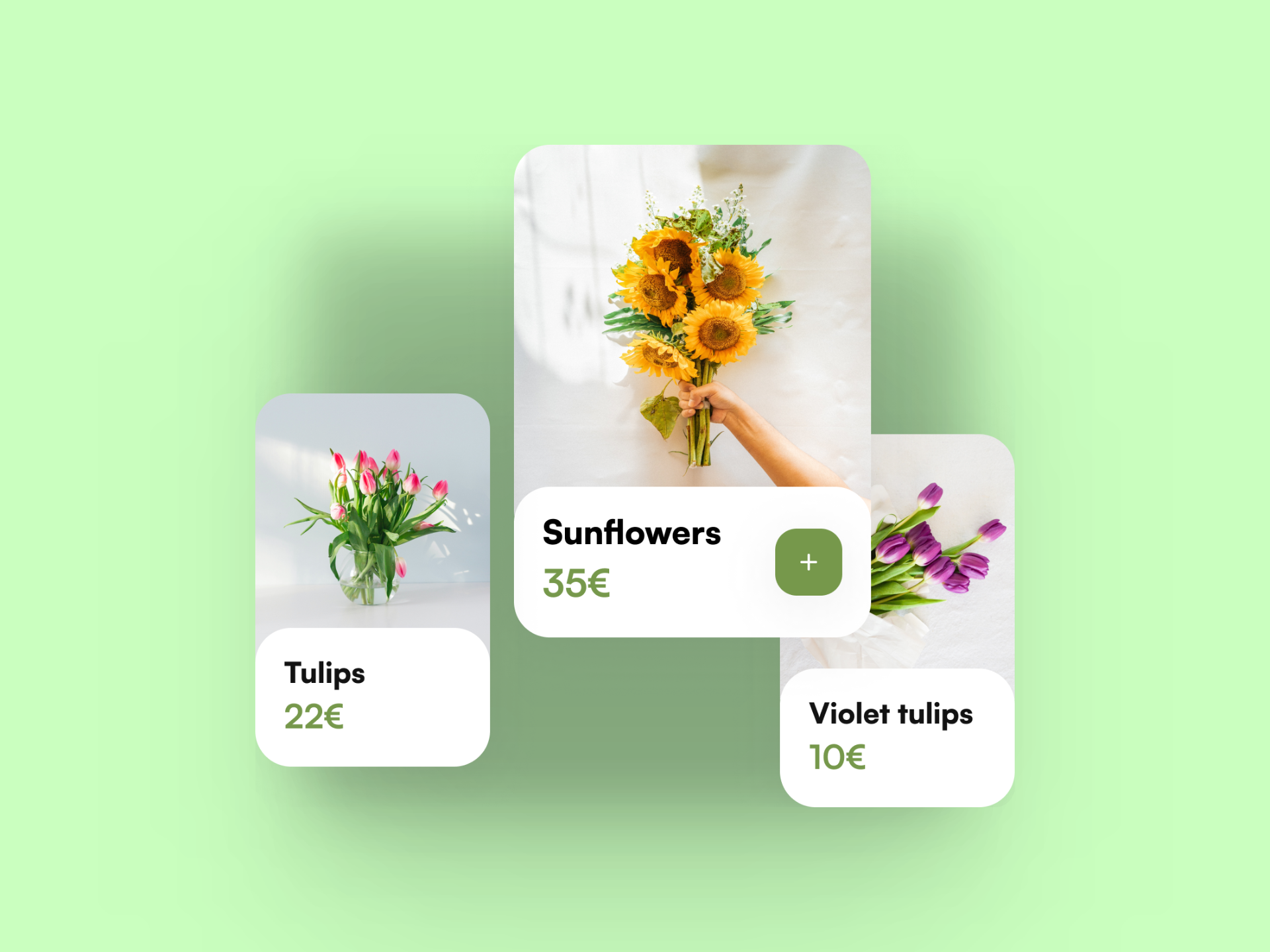 components of the app: card for each product (image of the product, name, price, add button to add them in the basket)