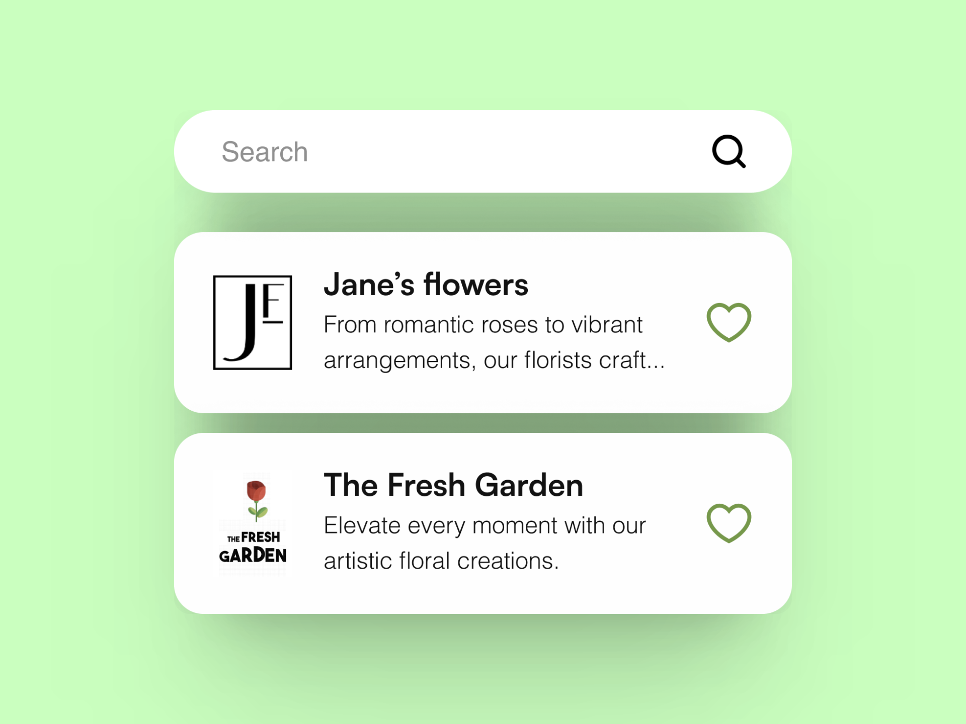 components of the app: card with florist's details (logo, name, description, possibility to add them in favorite