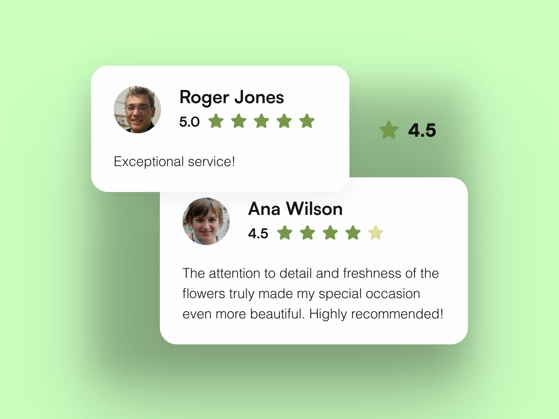 components of the app: reviews from users about their experience with a shop and the delivery (name of the user, profile picture, rating given, review given