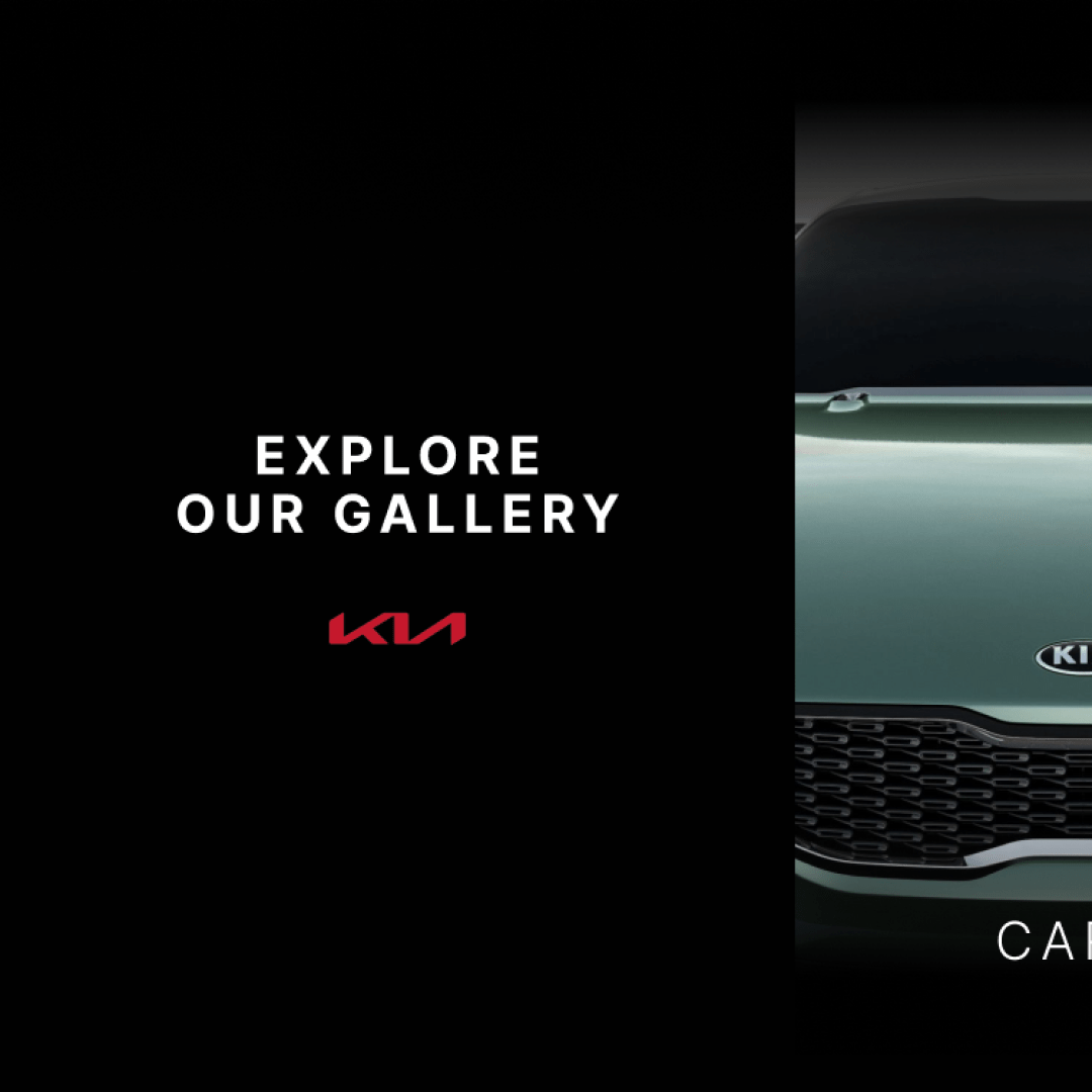 Photo of one of the components of Kia's homepage: a black background with in the center 'Explore our gallery' and Kia's logo above, one the right side: an overview of one of their cars.