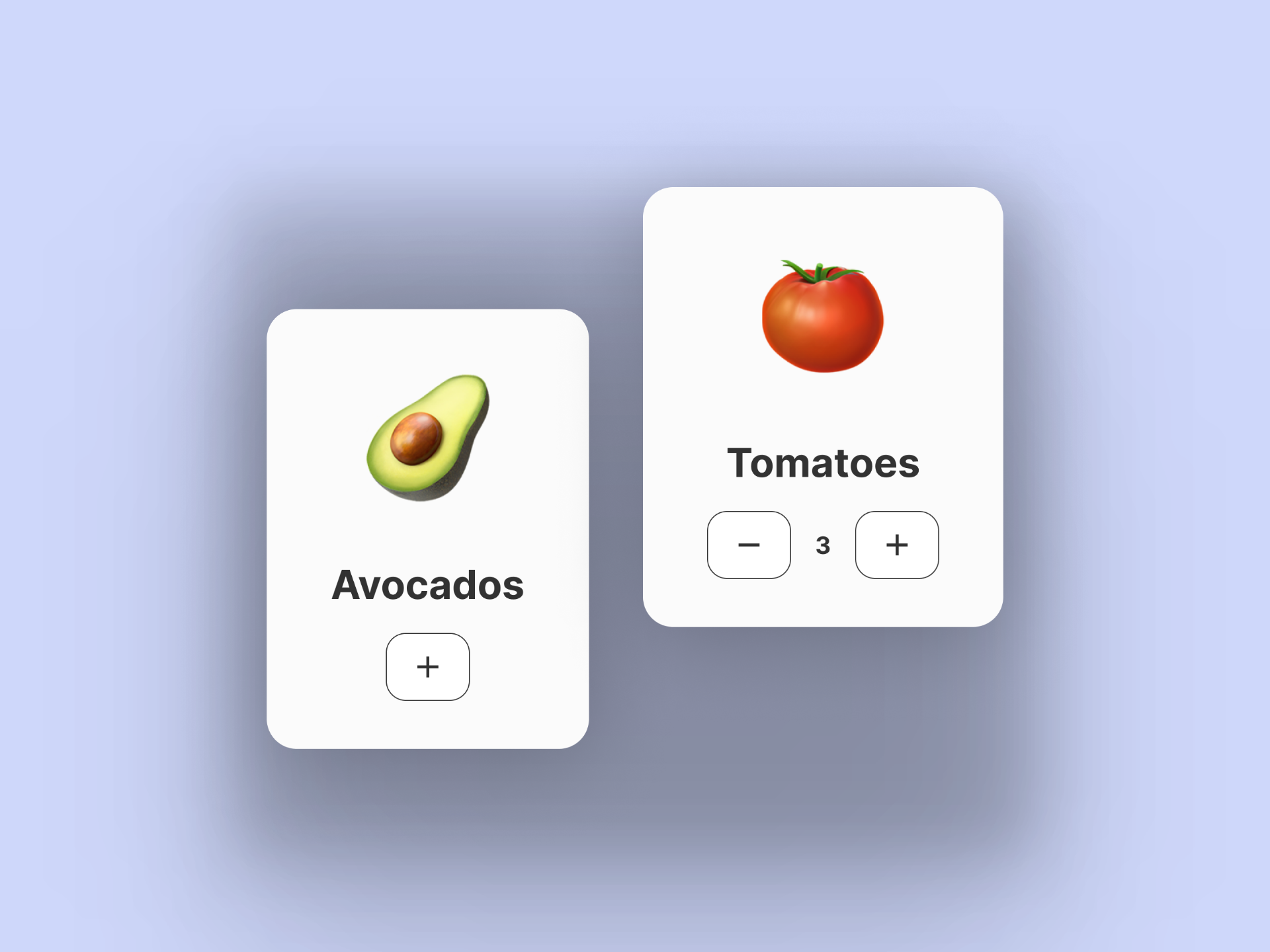 components of the app: card of the product (illustration of the product, name, possibility to add to basket