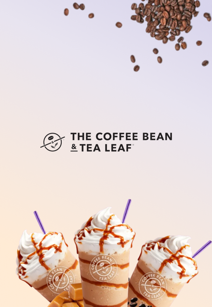 Poster for Coffee Bean's branding: Coffee Bean logo's in the center, 3 coffee drinks on the bottom of the poster, some coffee bean on the right-corner and a light orange to purple gradient-background